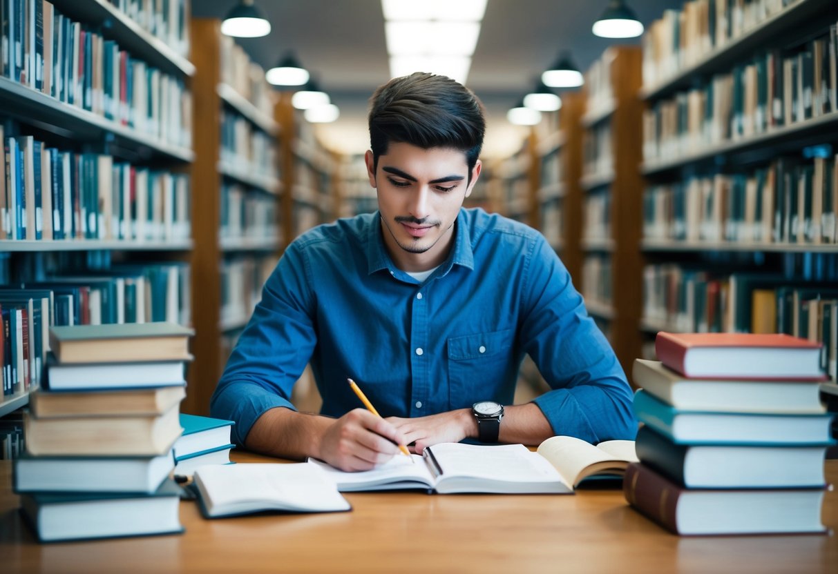 A young man studying in a library, surrounded by books and taking notes