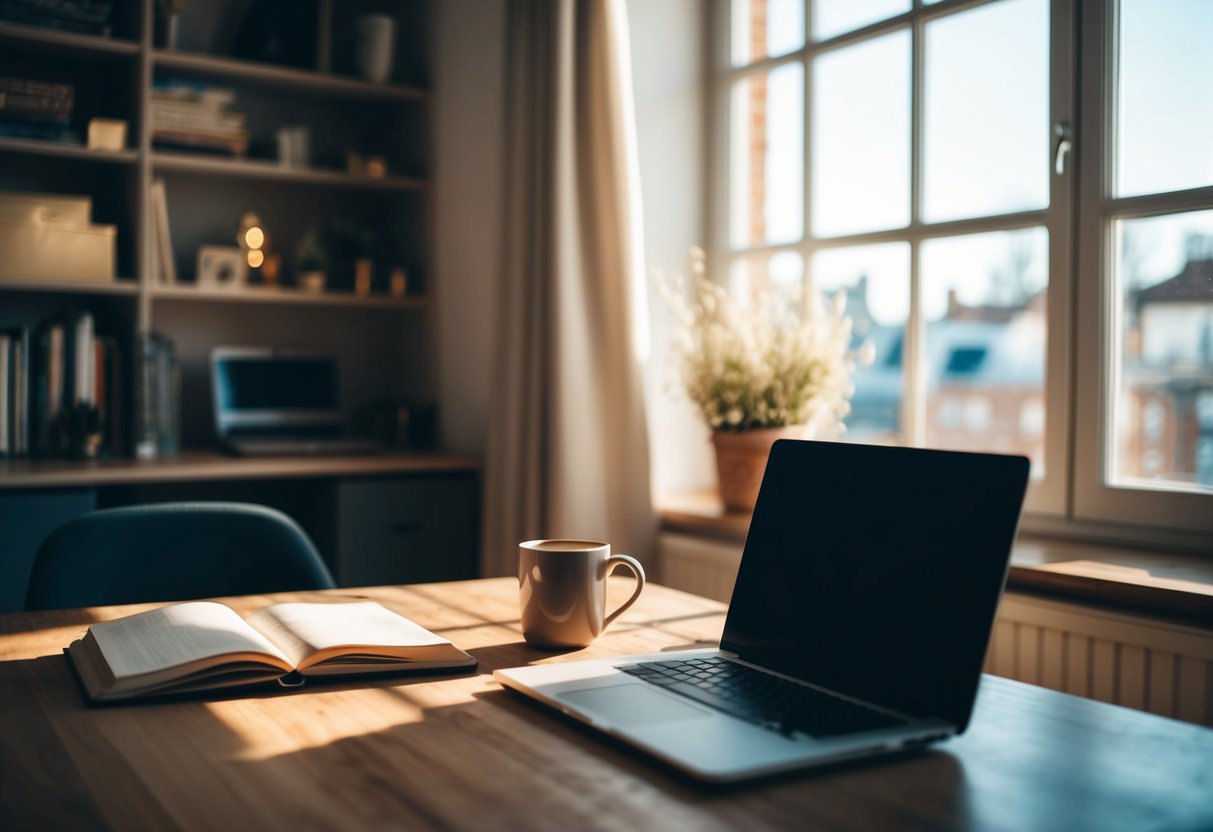 A cozy study with a desk, laptop, and journal. A warm mug sits nearby. Sunlight streams through the window onto the cluttered shelves