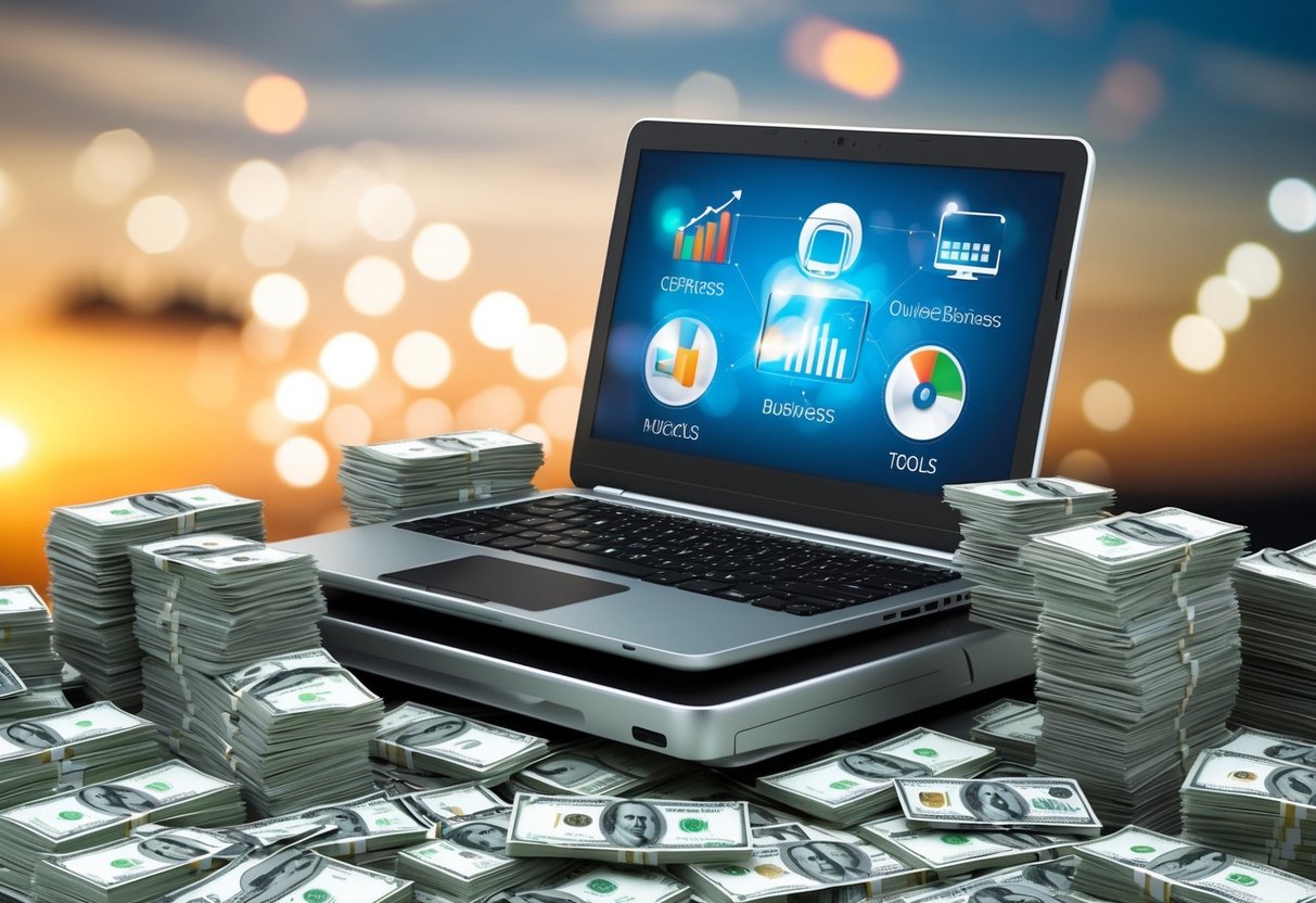 A laptop surrounded by stacks of cash and various online business tools