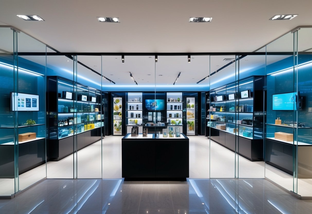 A modern, sleek storefront with multiple levels and transparent glass walls, showcasing a variety of products and digital displays