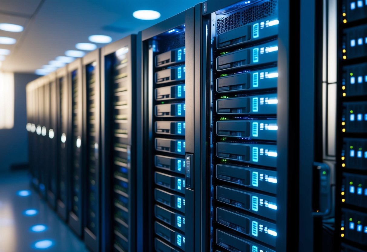 A sleek, modern server rack filled with rows of powerful enterprise server operating systems, illuminated by soft, blue LED lights