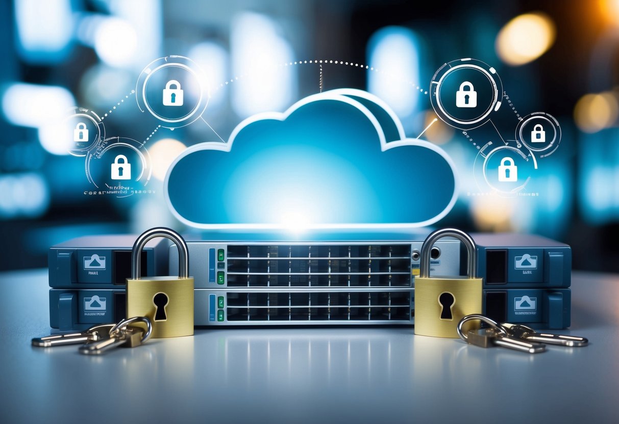 A cloud server surrounded by security locks and compliance symbols