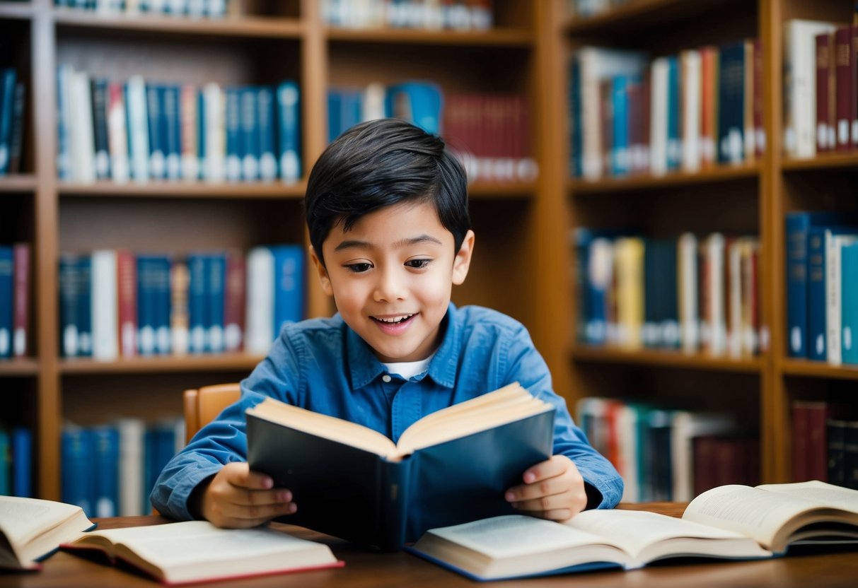 A young boy eagerly reads books in a cozy library, surrounded by shelves of knowledge and inspiration