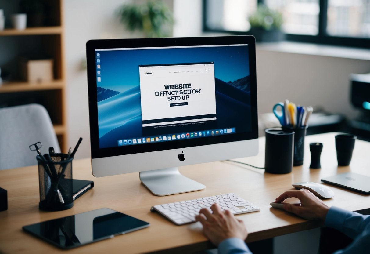 A Mac desktop computer with a website being set up on the screen, surrounded by a keyboard, mouse, and other office supplies